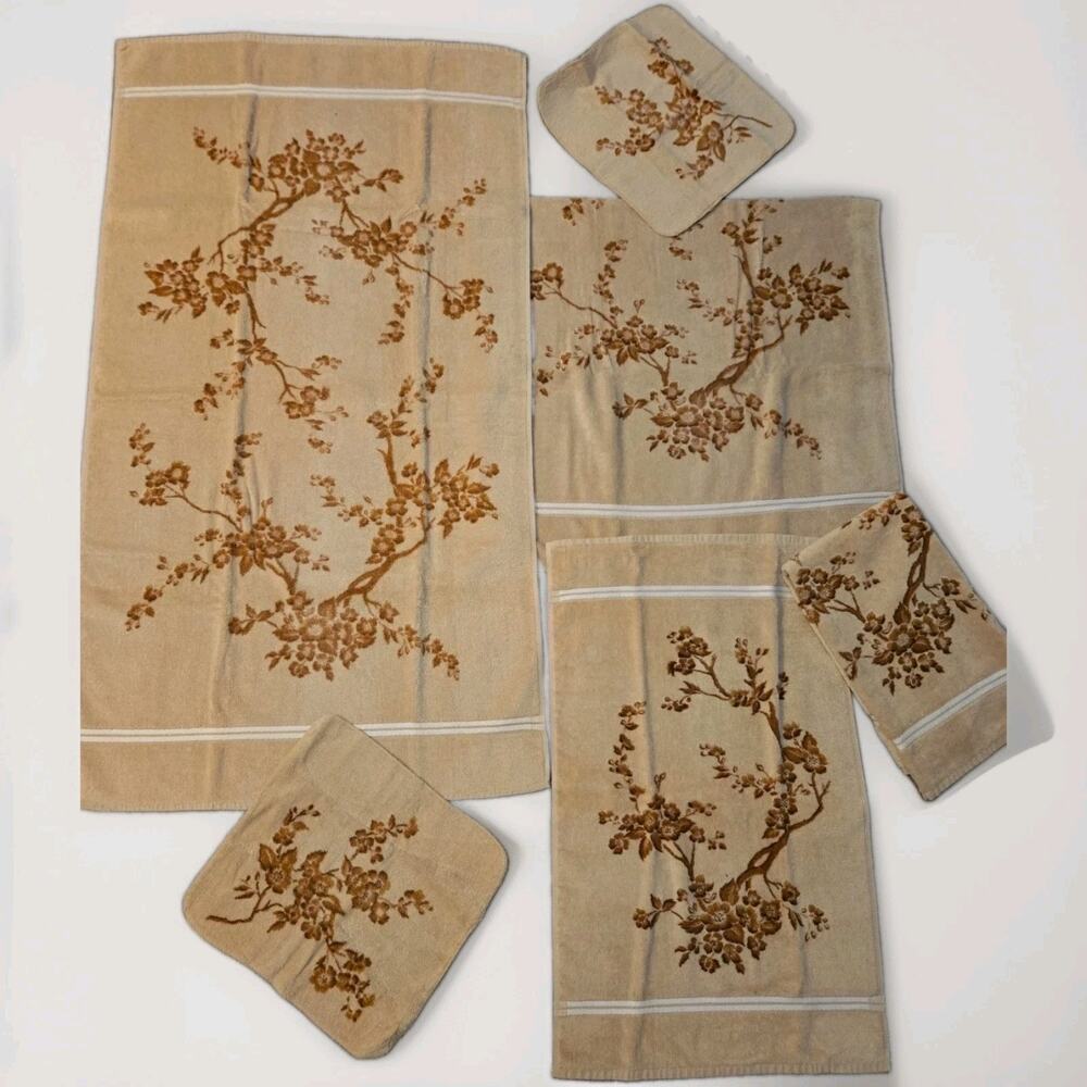 Vintage Tastemaker Floral Towel Set 6 Pc Bath Hand Wash Towels Brown Cotton USA